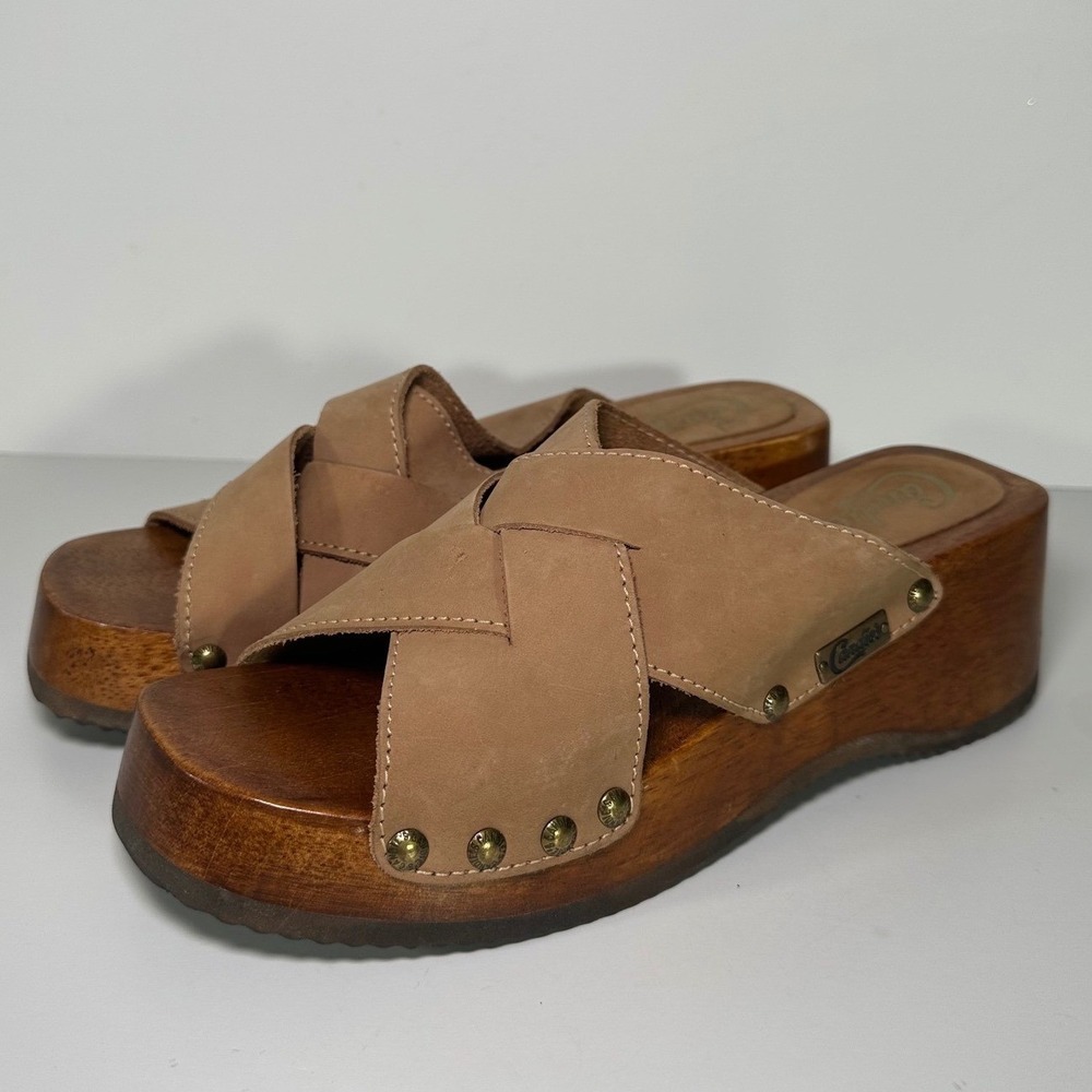 Candies VTG 90s Wooden Platform Slide Sandals Tan Leather Size 10 Boho Hippie